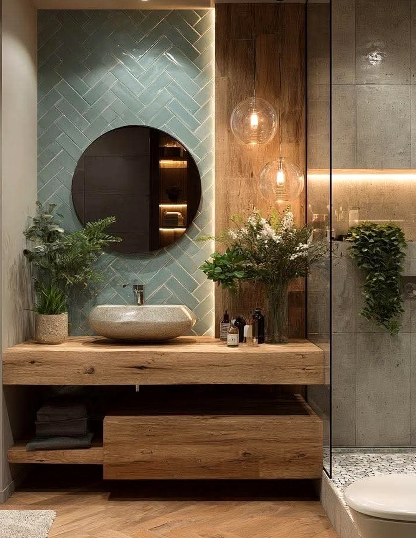 Layered shower wall gives the view more ease, so the whole view feels easy to enjoy.