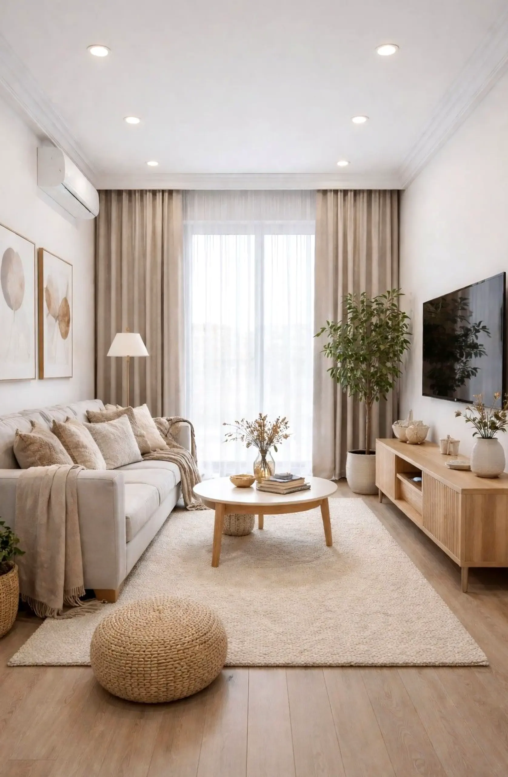 Simple cabinet wall brings order to the sitting area, creating a mood that feels pleasantly composed.