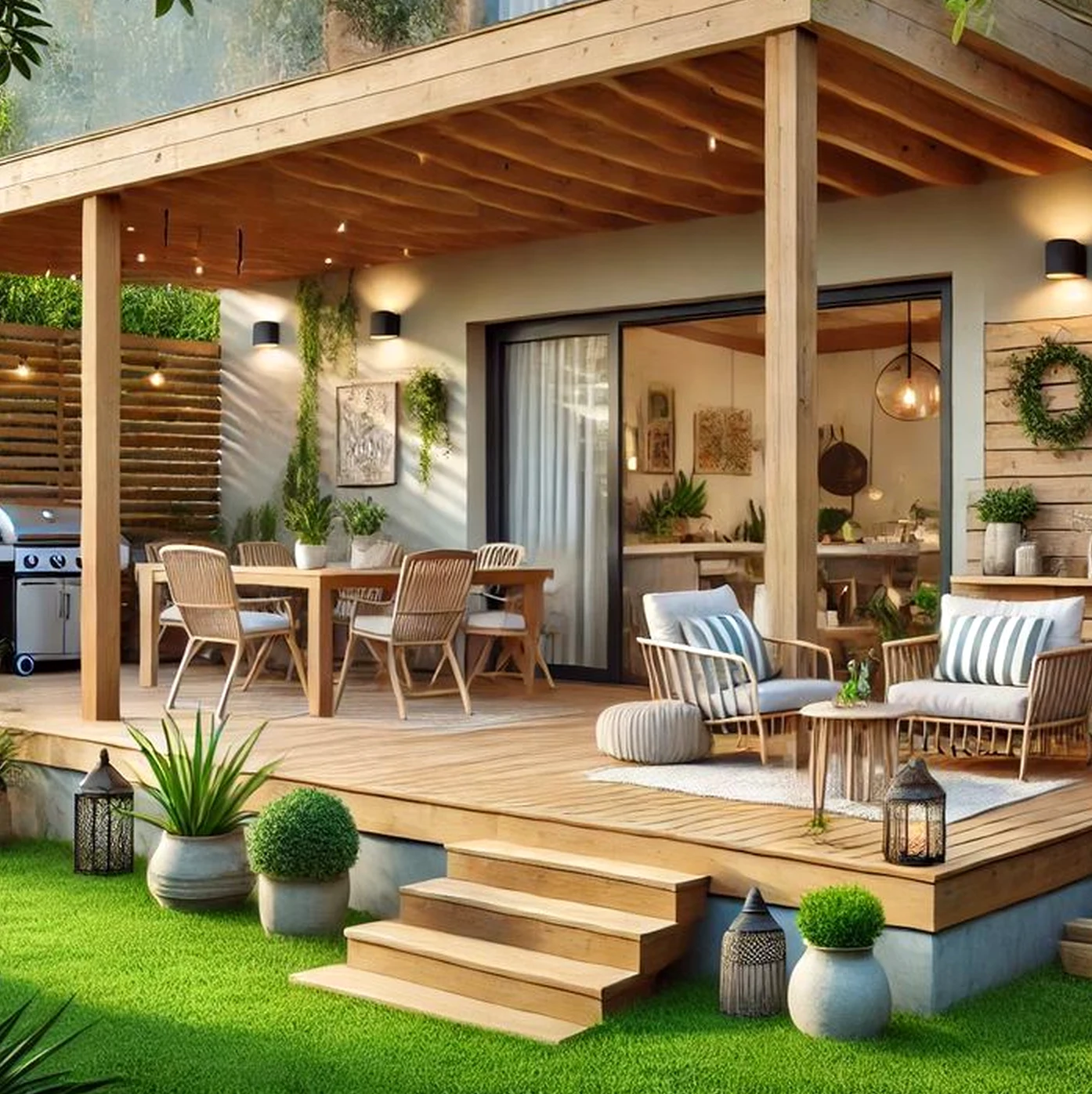 Cozy wooden deck draws attention to contrast while the table stays quietly finished.