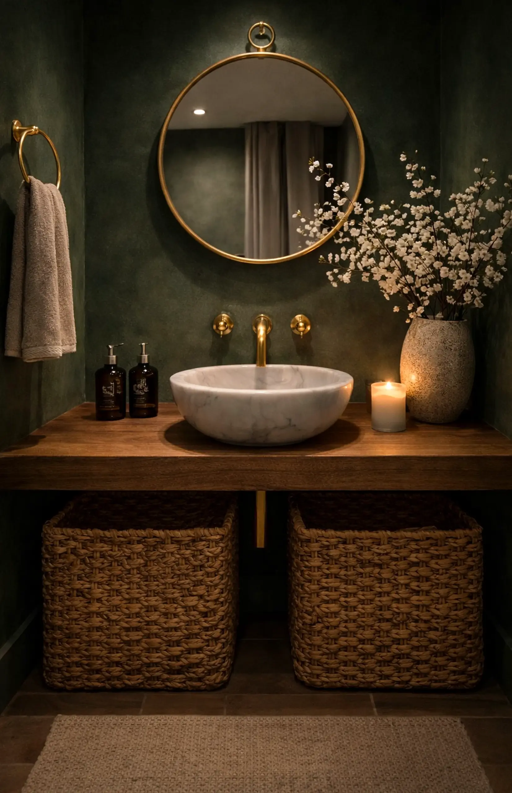 Sculptural decorative mirror frames the entry with order, making the scene feel quietly finished.