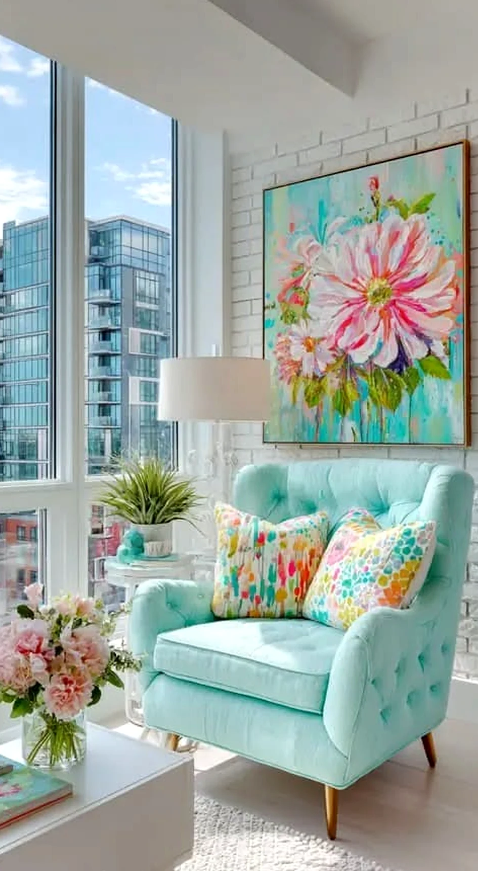 Sculptural flower arrangement adds ease across the wall, giving the decor a finish that feels ready for quiet use.