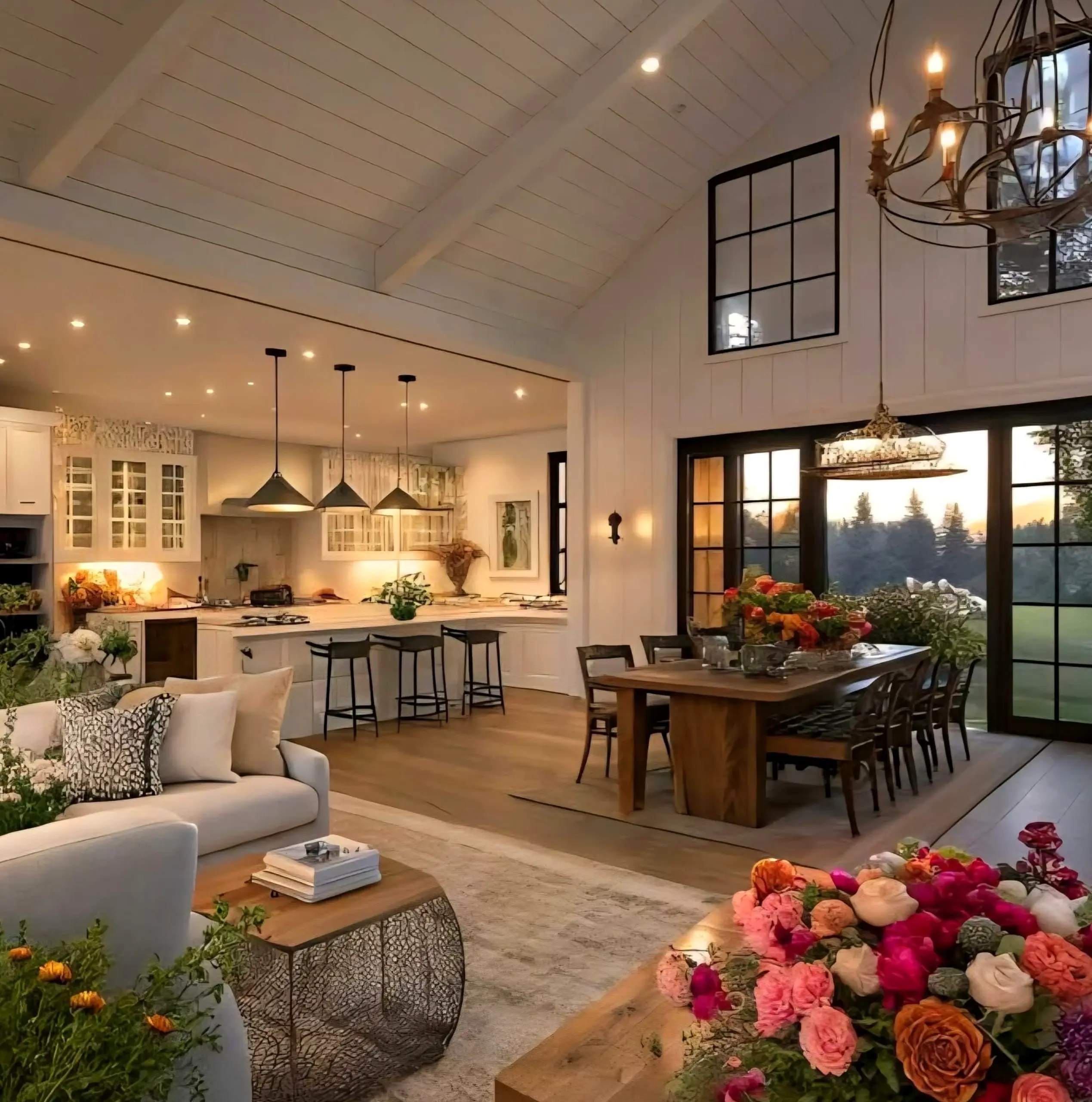 Warm dining setup anchors the entry with contrast, giving the view a mood that feels pleasantly composed.