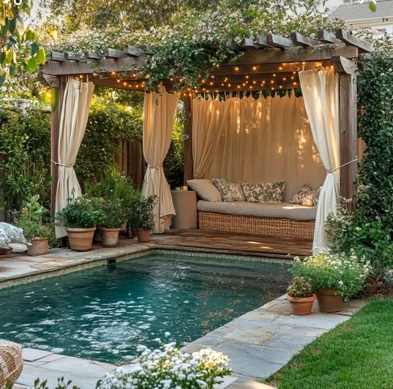 Compact soft sofa draws attention to detail while the garden edge stays bright but not busy.