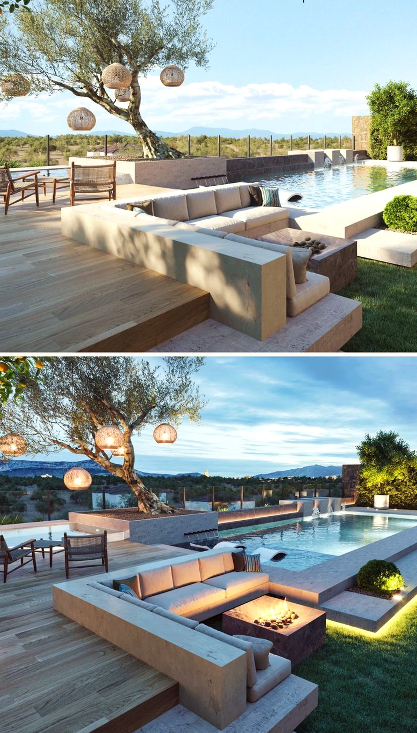 Colorful stone terrace brings warmth to the corner, creating a mood that feels visually grounded.