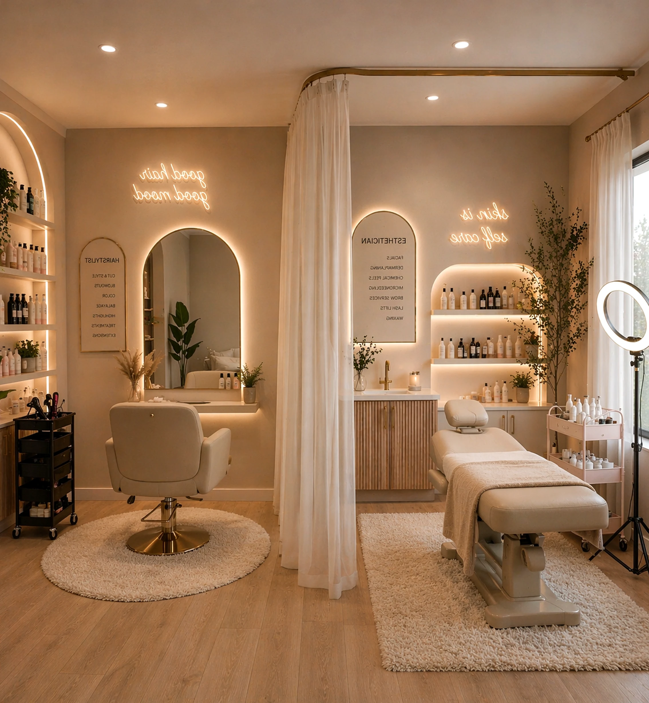 Graceful shower wall frames the view with light, making the scene feel quietly finished.