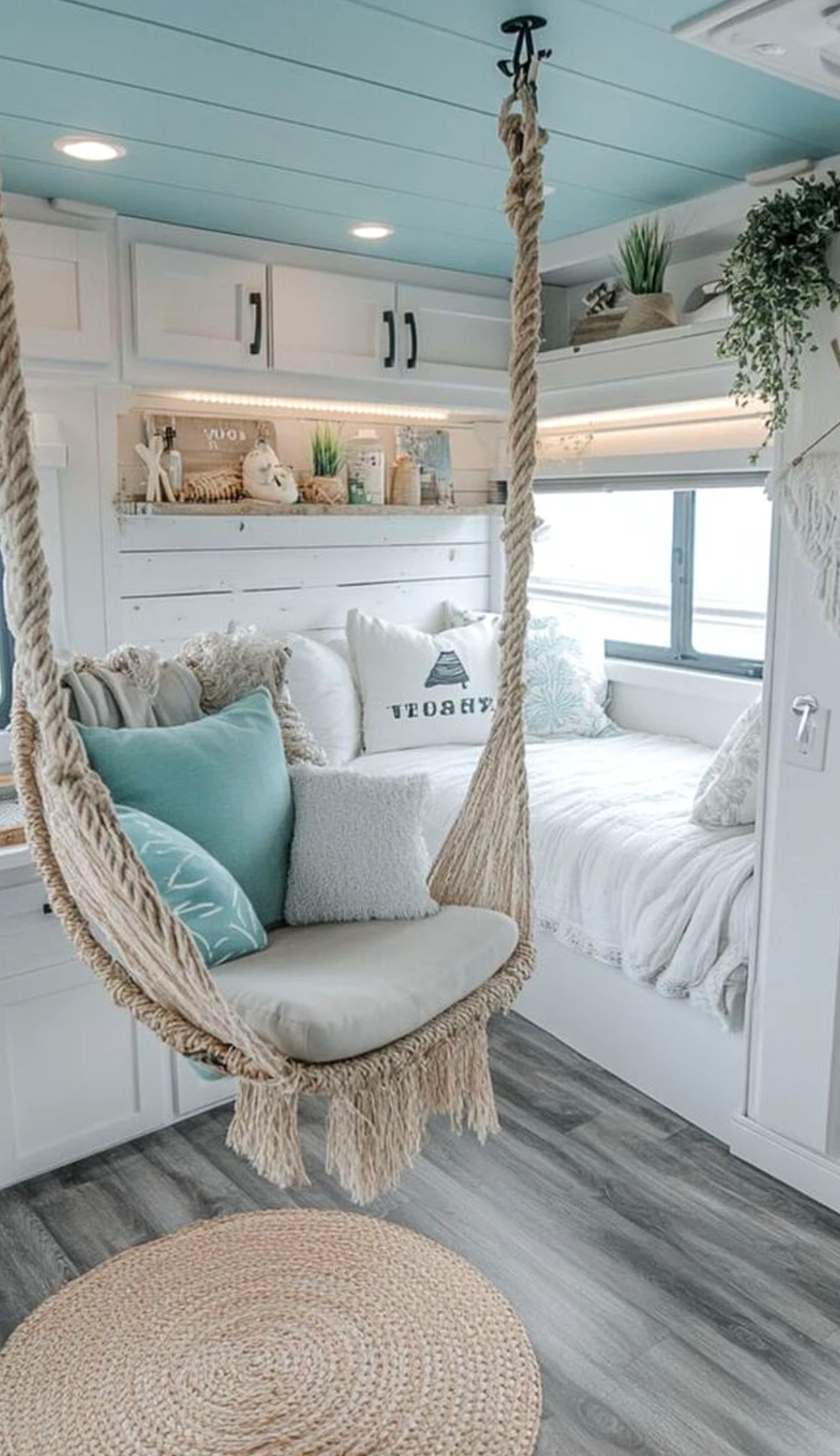 Inviting storage corner brings comfort to the table, creating a mood that feels visually grounded.