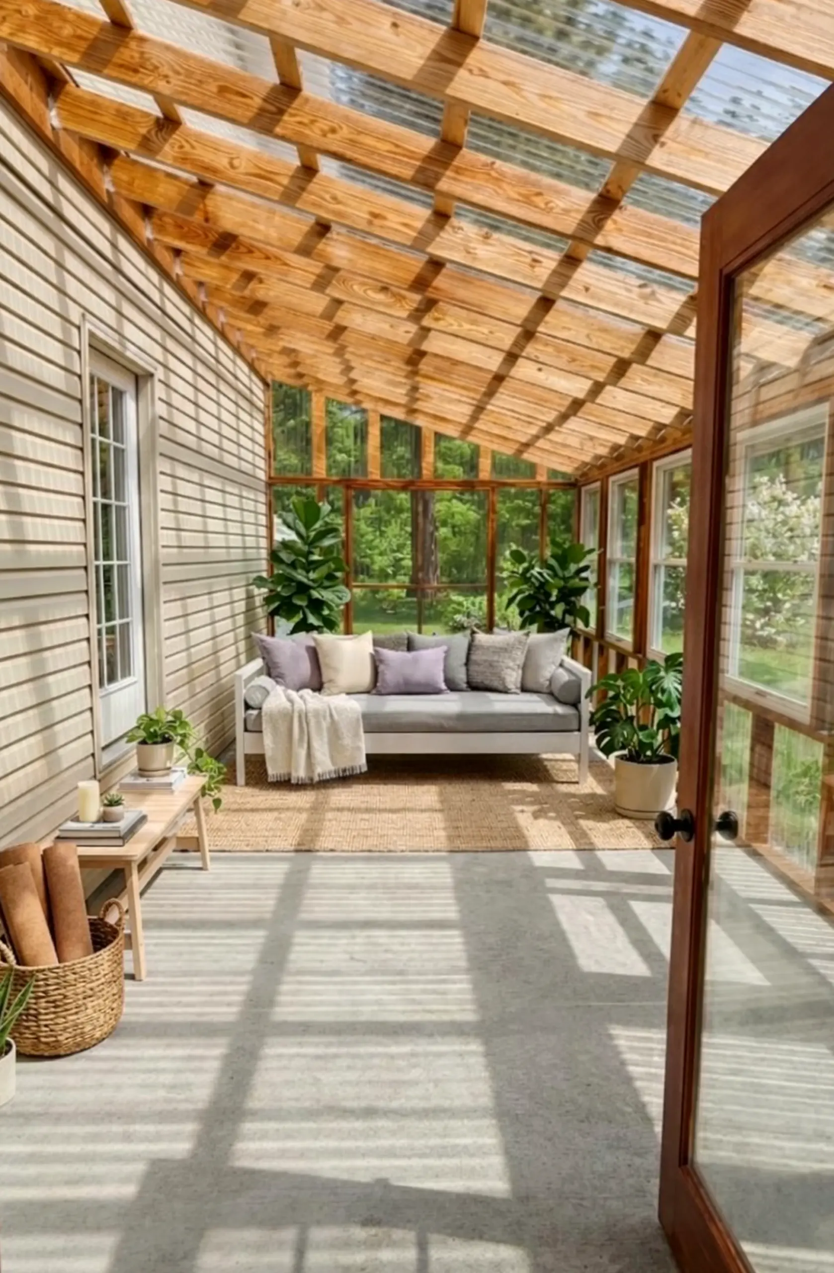 Tactile porch bench adds a clear layer of contrast, helping the design feel visually grounded.