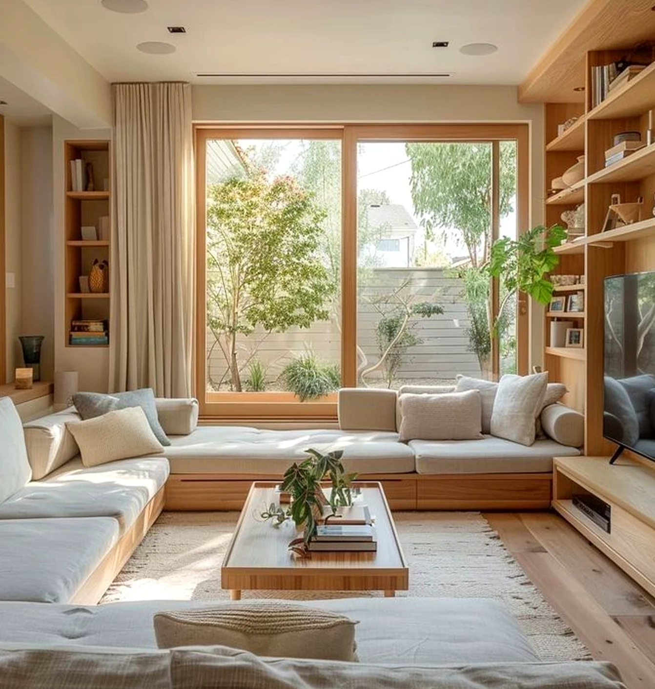 Colorful courtyard view brings texture to the design, creating a mood that feels easy to enjoy.