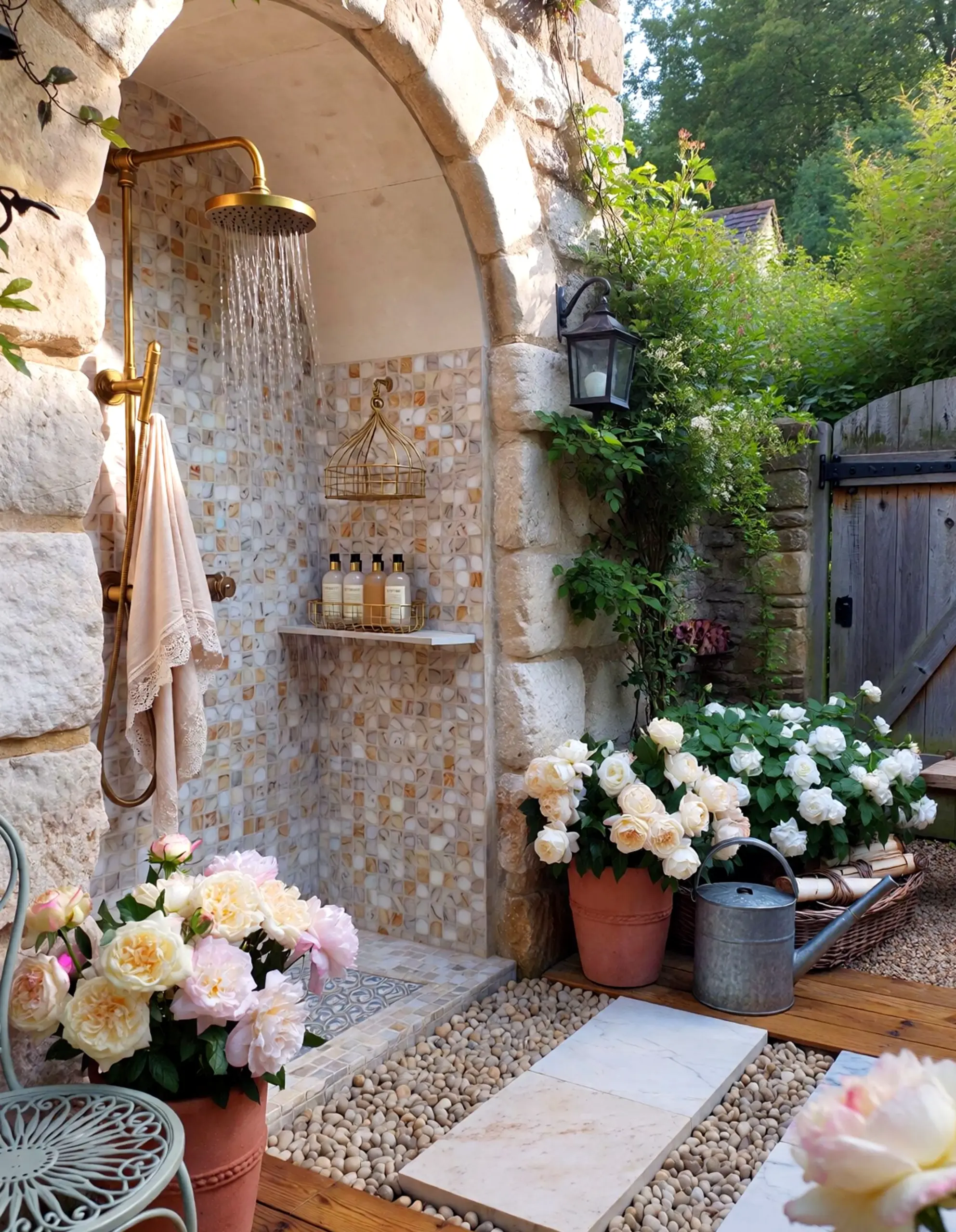 Graceful garden seating frames the table with softness, making the scene feel quietly finished.