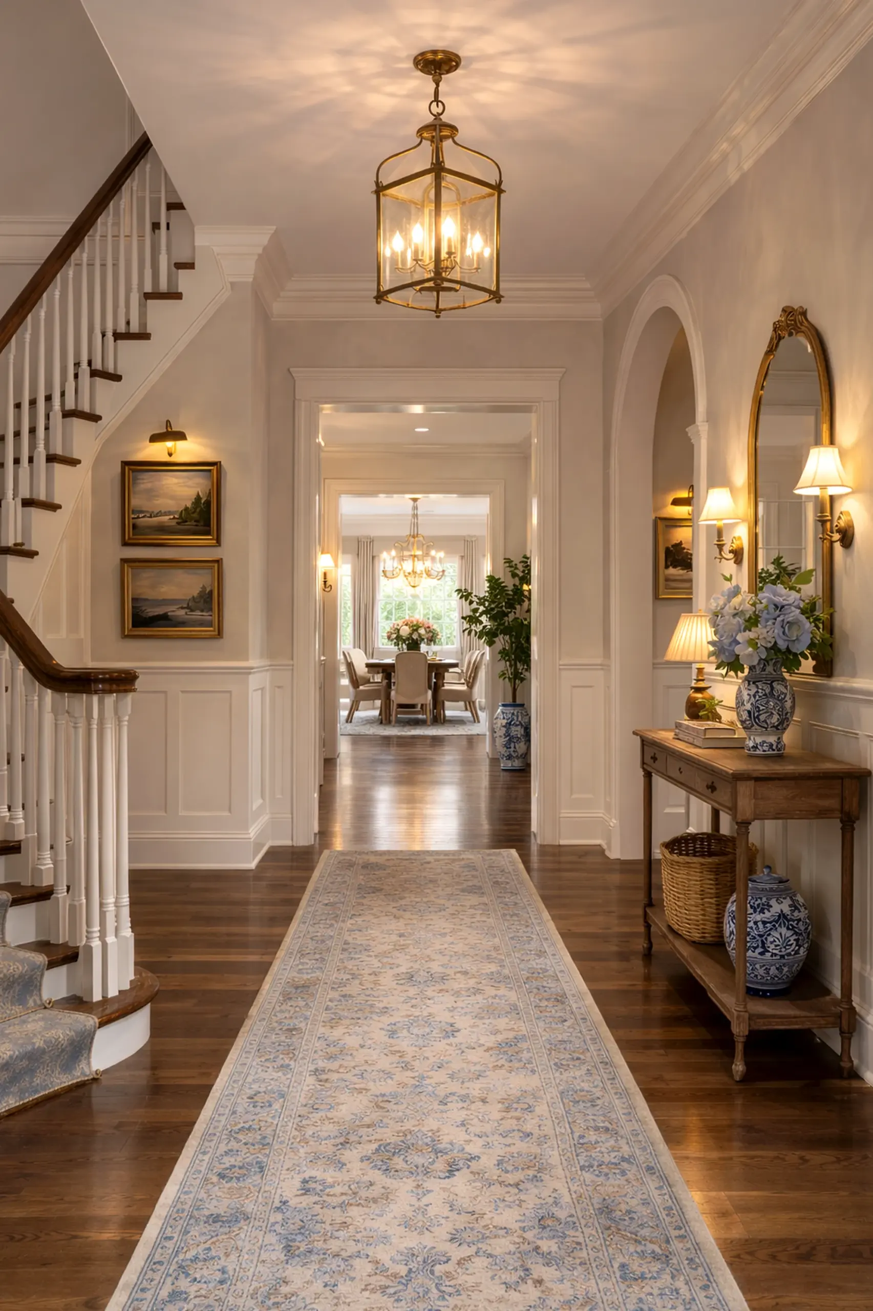 Soft flower arrangement frames the composition with depth, making the scene feel quietly finished.