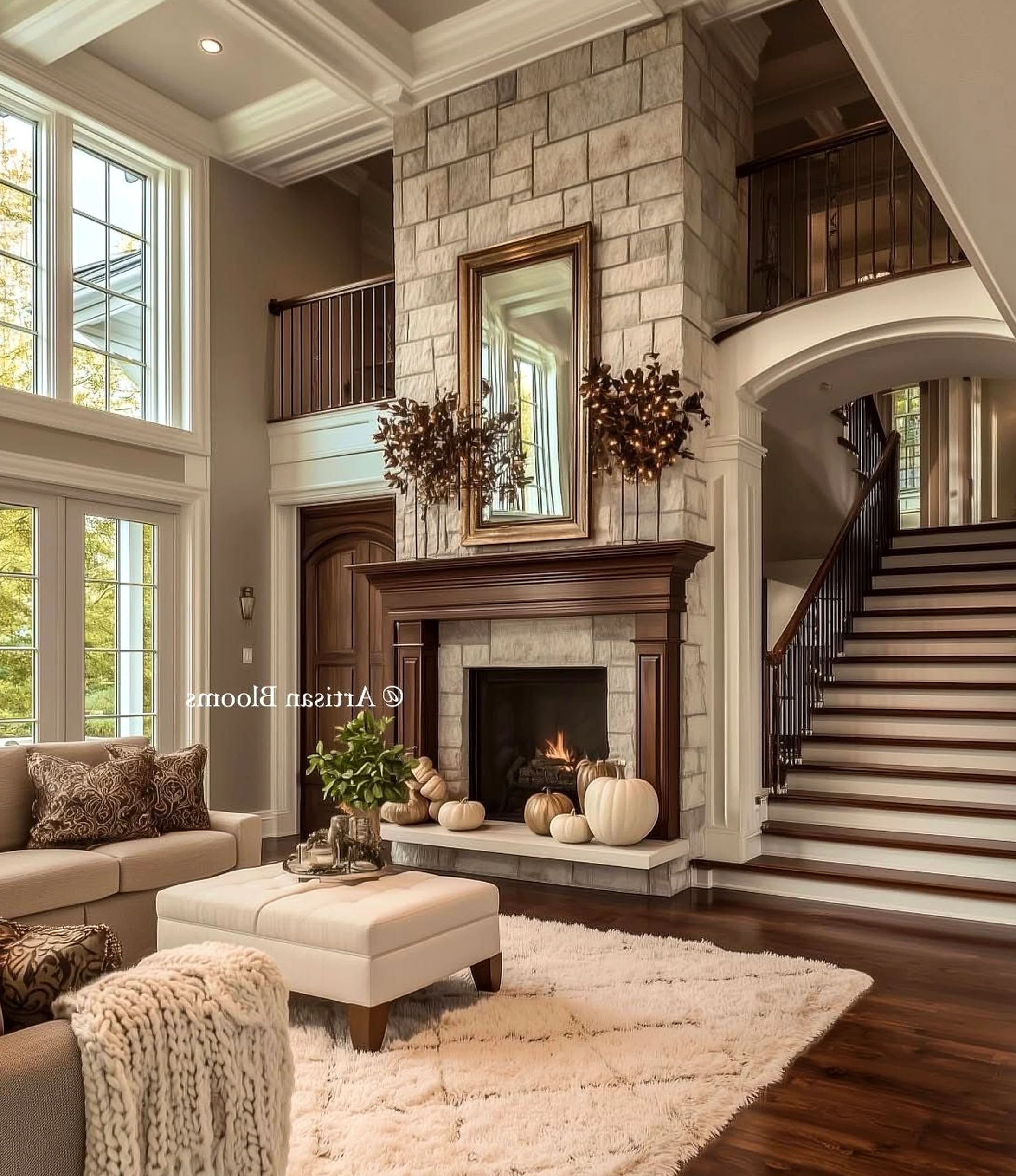 Sculptural decorative mirror brings warmth to the view, creating a mood that feels visually grounded.