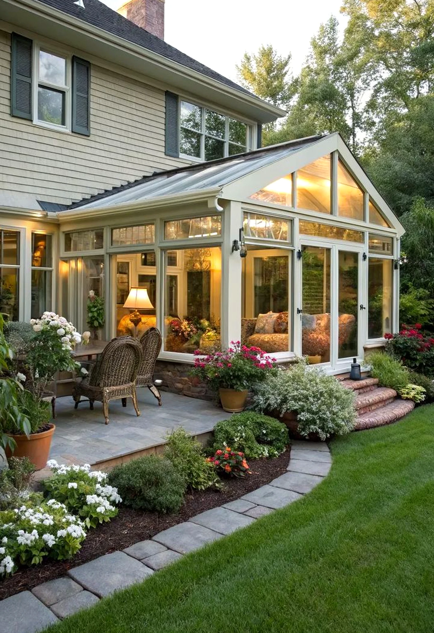 Compact flower arrangement gives the table more shape, so the whole view feels pleasantly composed.