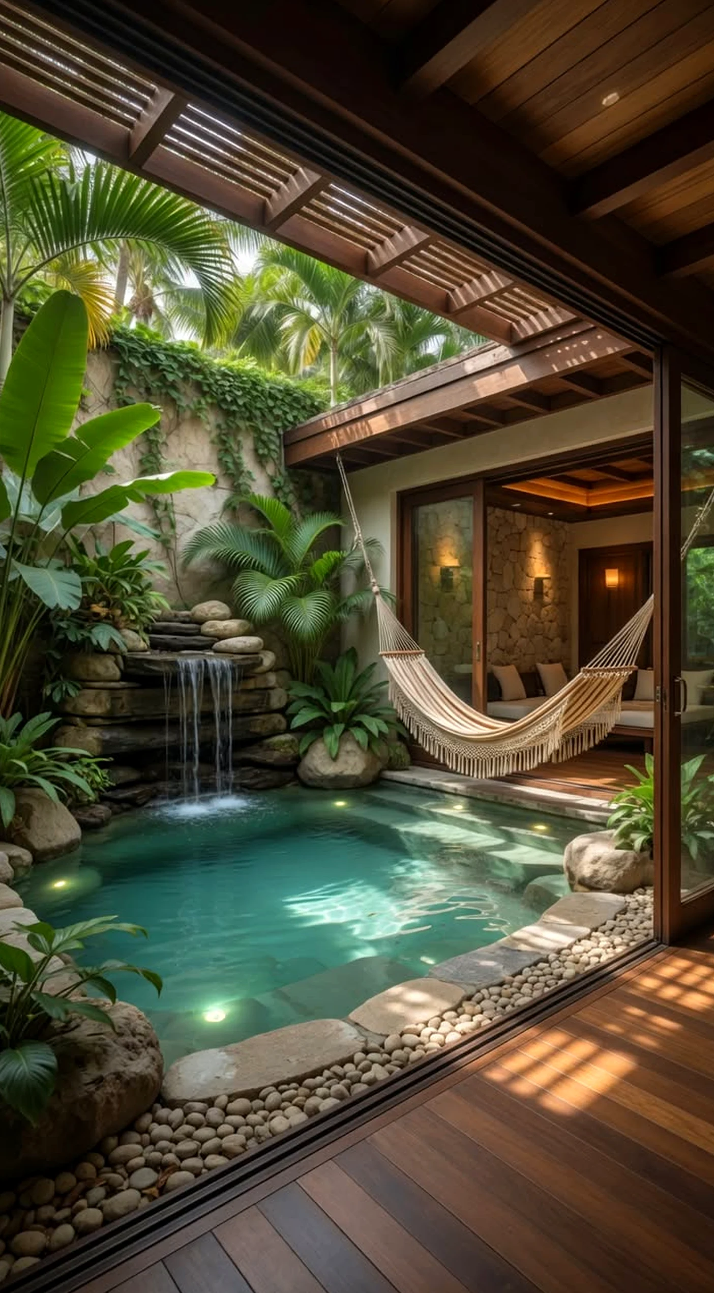 Natural outdoor lounge brings a useful note of movement, making the outdoor space feel warm without clutter.