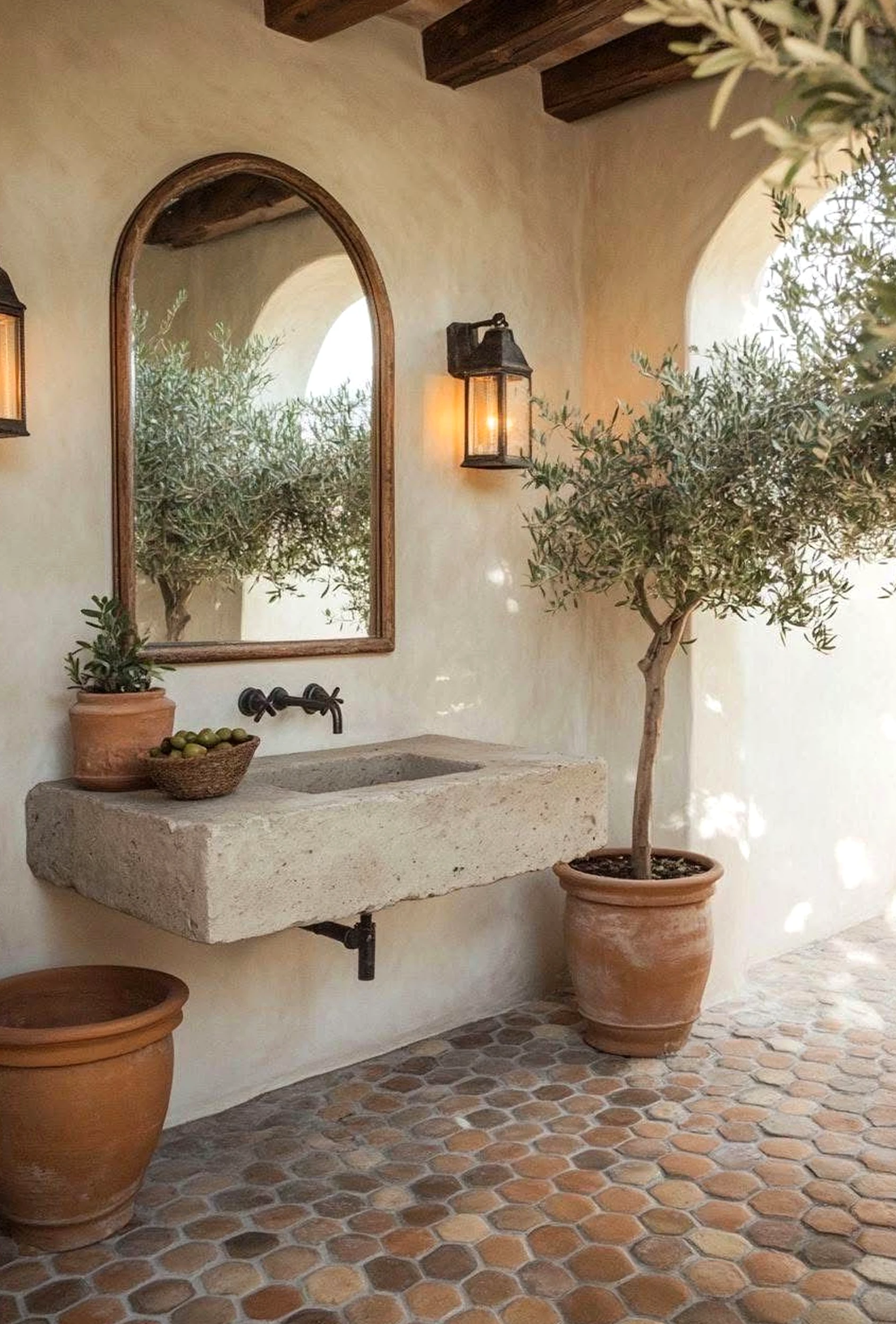 Inviting stone terrace adds warmth across the room, giving the decor a finish that feels fresh and intentional.