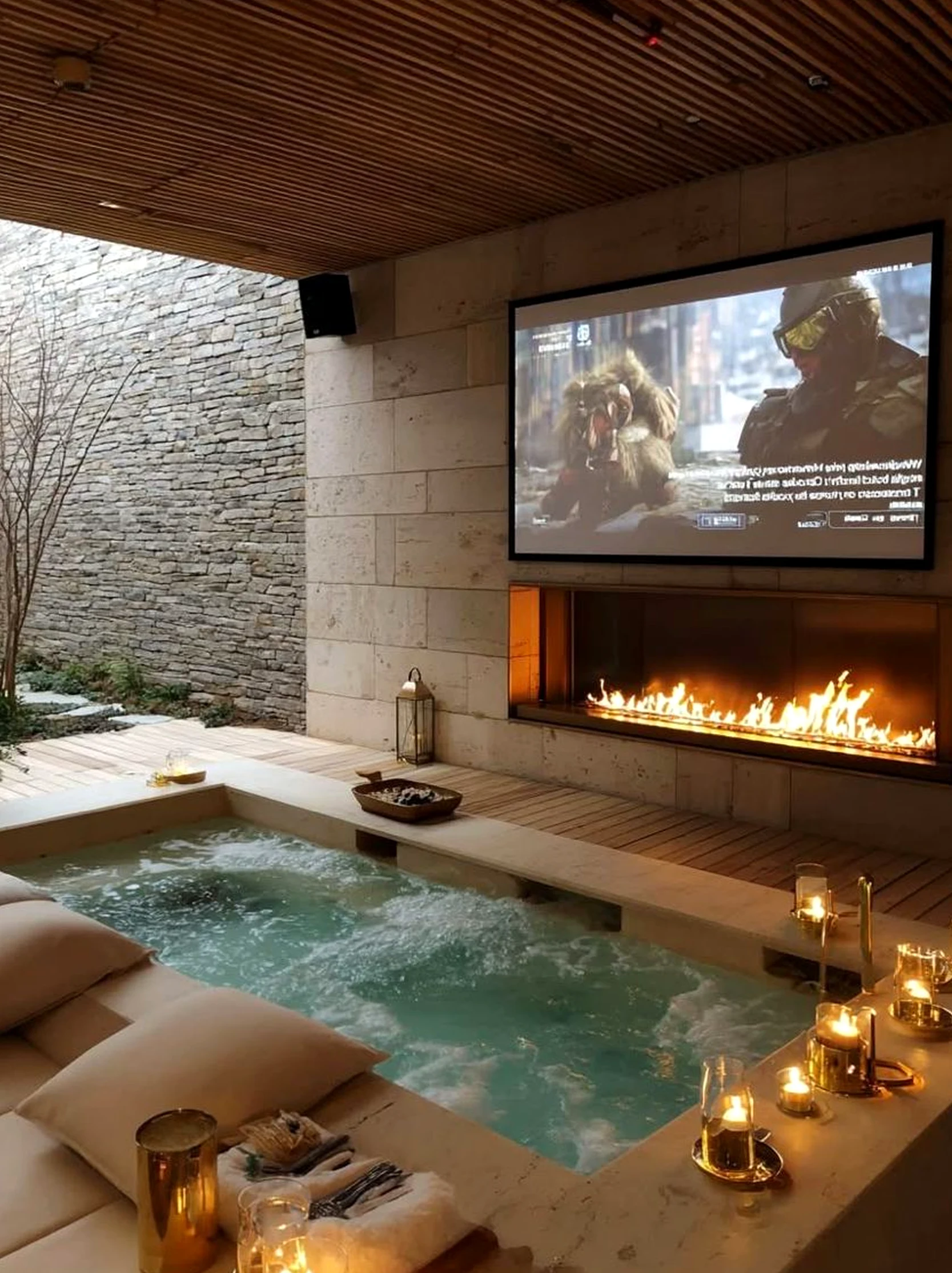 Inviting fireplace area brings rhythm to the table, creating a mood that feels warm without clutter.