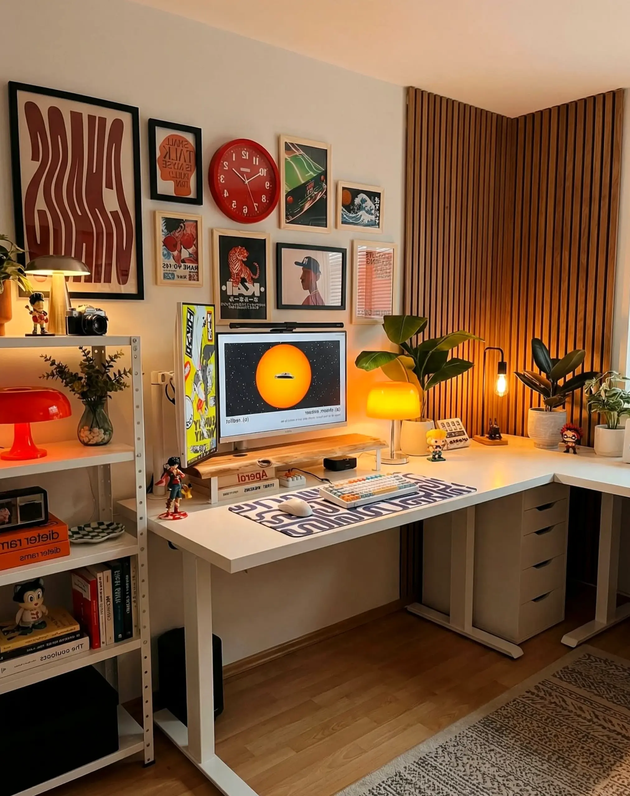 Textured colorful passage anchors the room with comfort, giving the view a mood that feels bright but not busy.