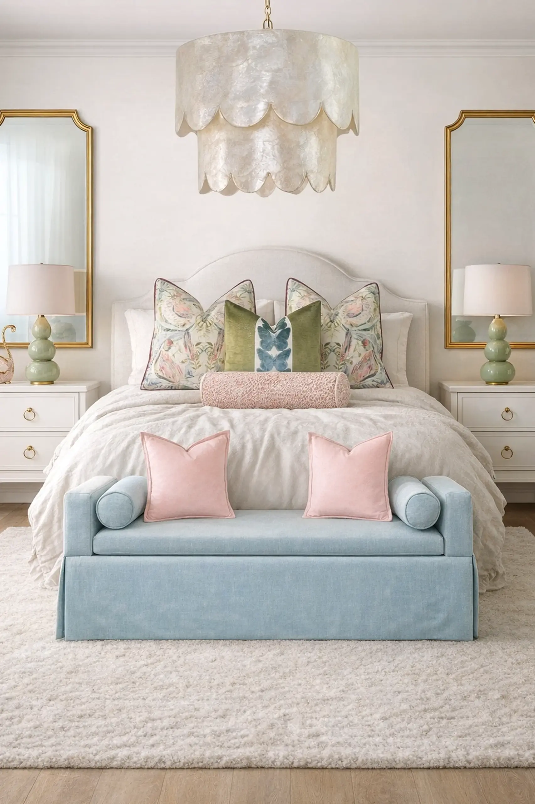 Calm bathroom vanity frames the backdrop with character, making the scene feel fresh and intentional.