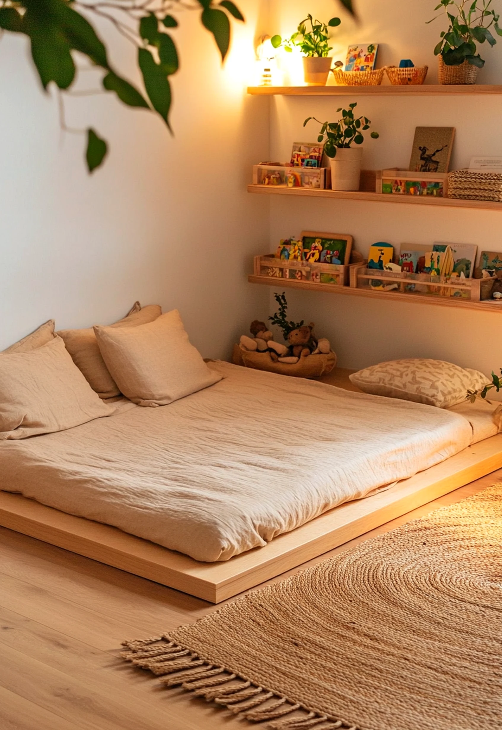 Bright bedside layer brings a useful note of character, making the wall feel simple yet expressive.