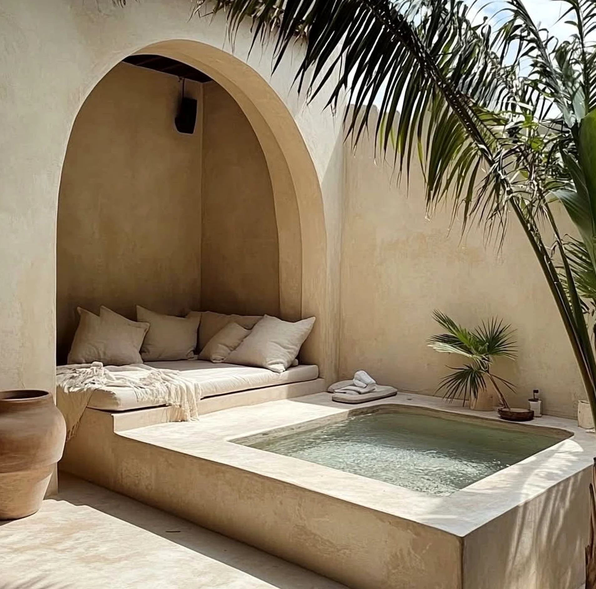 Graceful tile detail frames the view with warmth, making the scene feel settled and welcoming.