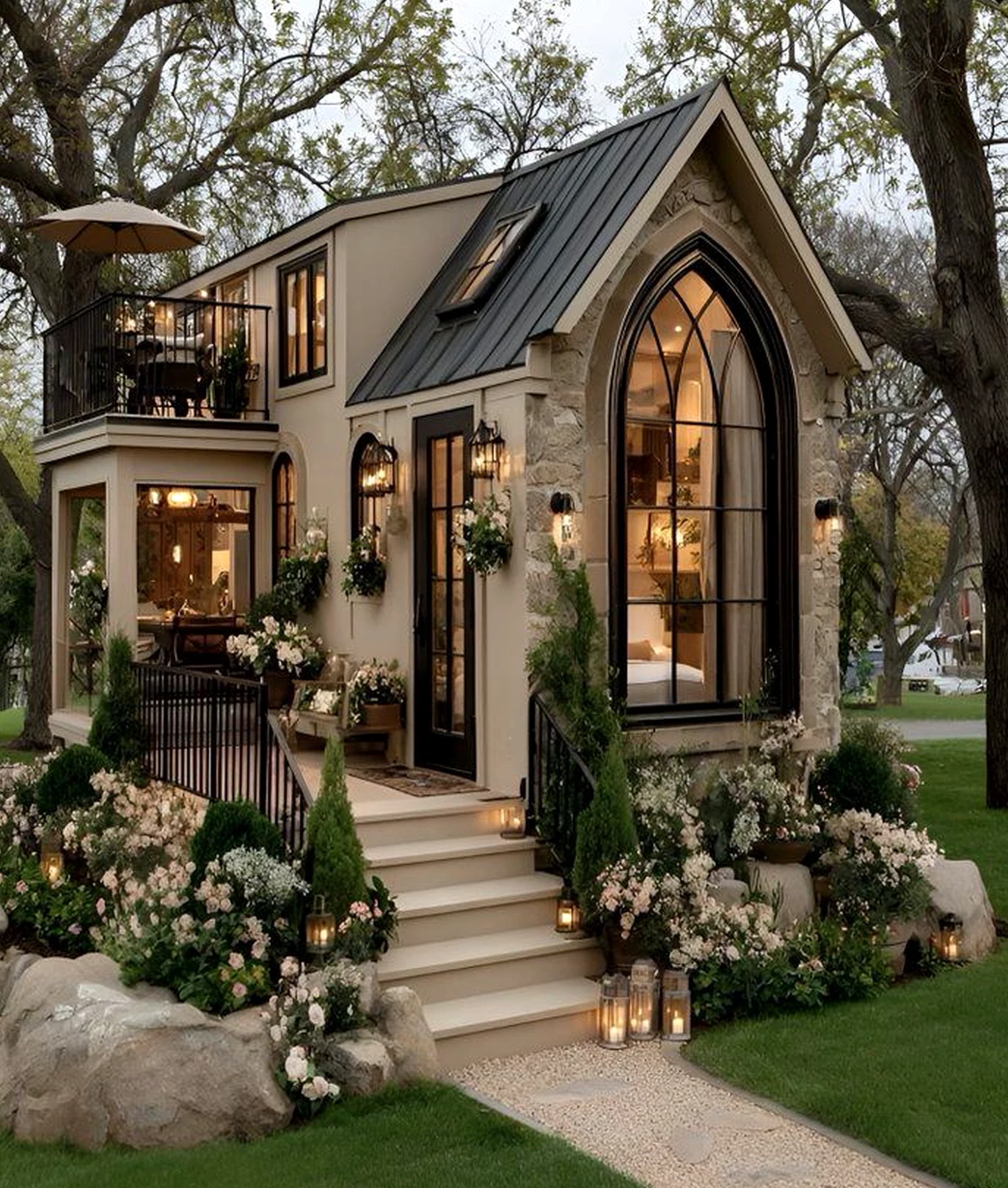 Balanced stone terrace frames the wall with warmth, making the scene feel fresh and intentional.