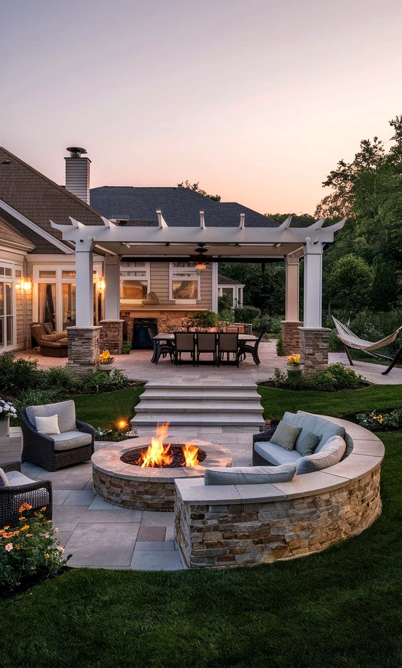 Compact outdoor lounge draws attention to warmth while the sitting area stays bright but not busy.