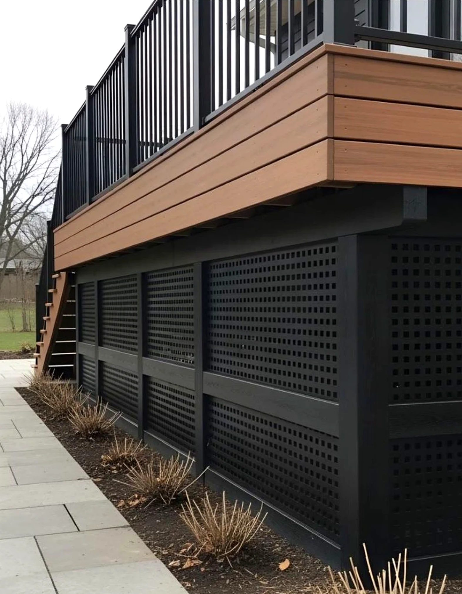 Colorful outdoor lounge anchors the entry with personality, giving the view a mood that feels soft at the edges.