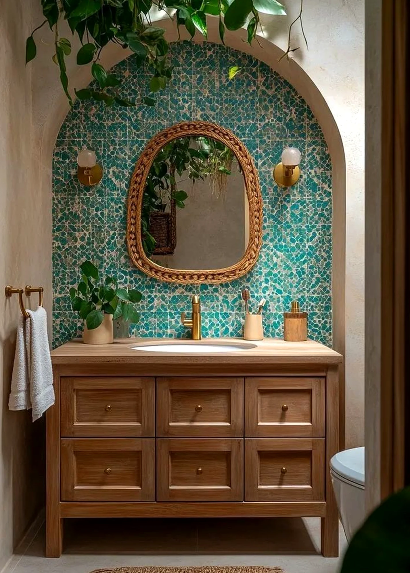 Airy wood shelving adds a clear layer of contrast, helping the backdrop feel quietly finished.